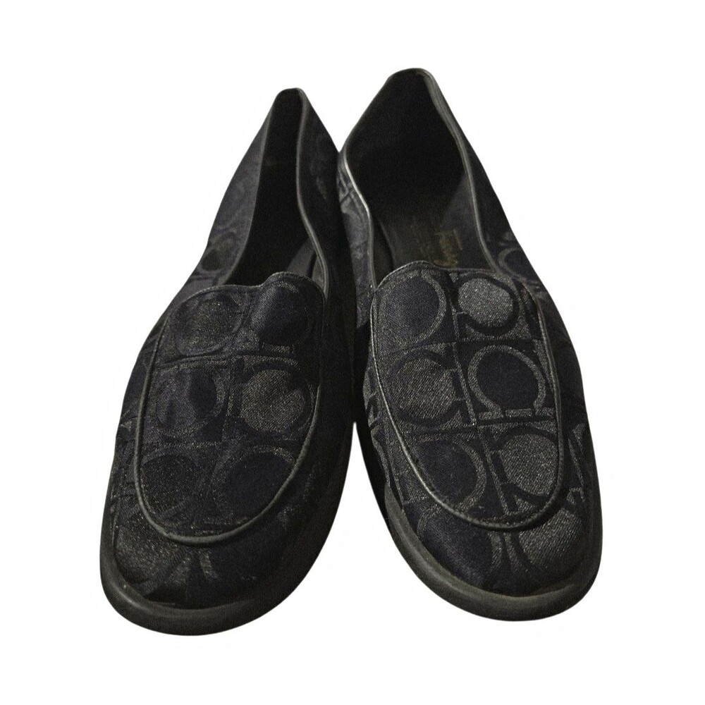 Salvatore Ferragamo Women’s Slip‑On Loafers — Size 7.5 — Black Patterned Fabric
